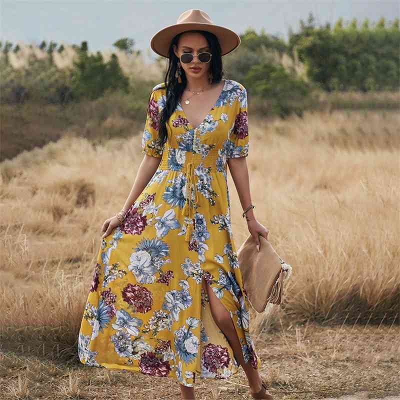 Short Sleeve Maxi Split Dress Summer Beach Boho Print Sexy V-Neck Floral Long Dresses Women Casual Loose Party Elegant Robe 210630