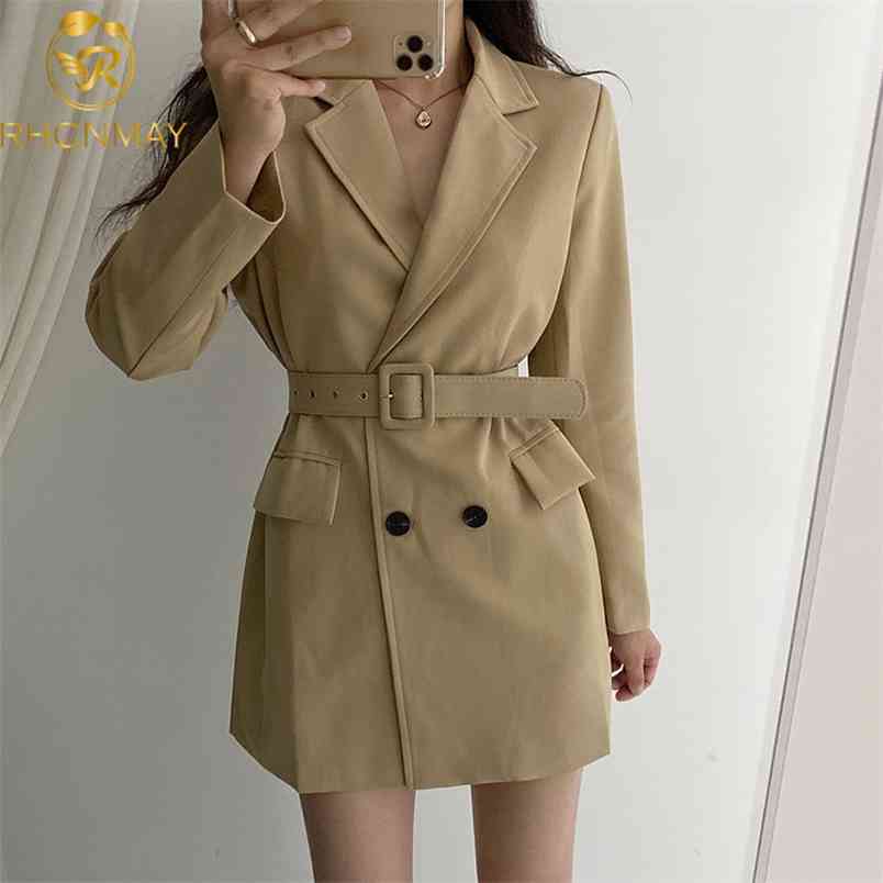 Elegant Chic Autumn Notched Collar Blazers Coat Women Office Ladies Double-breasted Khaki Long Sleeve With Belt 210506