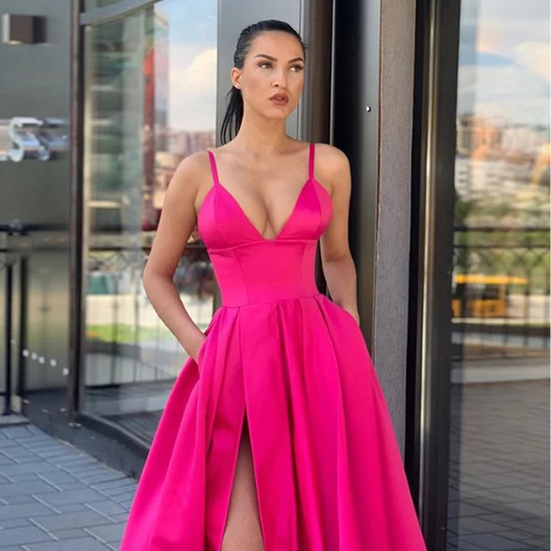 Sexy V Neck Satin Evening Dresses Spaghetti Strap Side Slit Prom Dress High Waist Evening Gowns Party Dress Robe de soiree