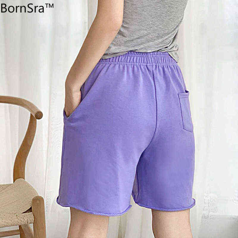 Bornsra 100% Cotton Sports Pants Women's Summer High Waist s Loose and Thin Casual Short Pure Color 211115