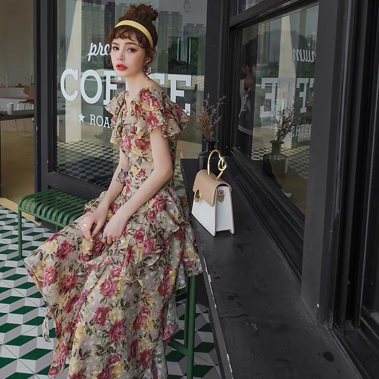 victorian flower printed slash neck sweet elegant maxi asymmetrical ruffles high quality dresses christmas 210421