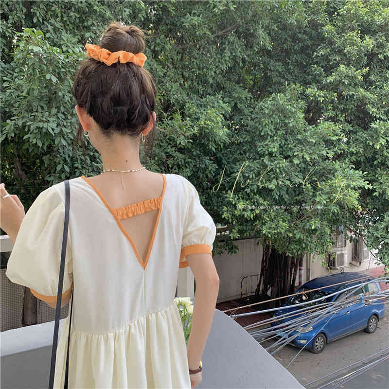 Elegant Women's Boho Dress Summer Contrast Patchwork Square Collar Puff Sleeve Casual Long Party 210519