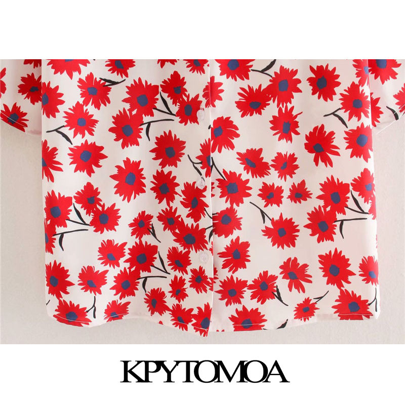 Women Fashion Floral Print Button-up Blouses Lapel Collar Short Sleeve Loose Female Shirts Chic Tops 210420
