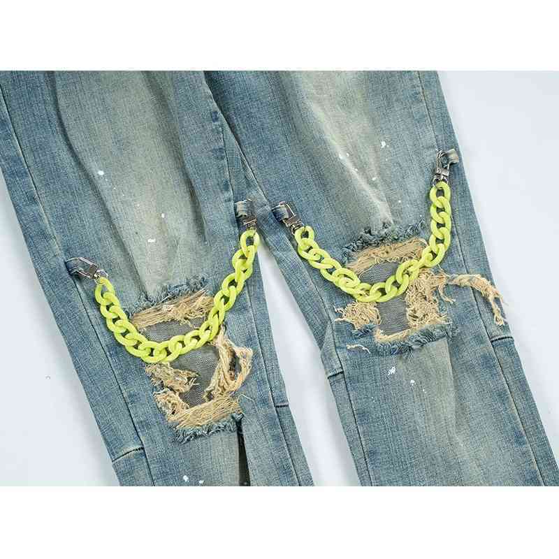 IEFB Spring Summer Men's Streetwear Denim Trousers Chian Hole Decoration High Waist Hip Hop Jeans Vintage Cloth 9Y5445 210524