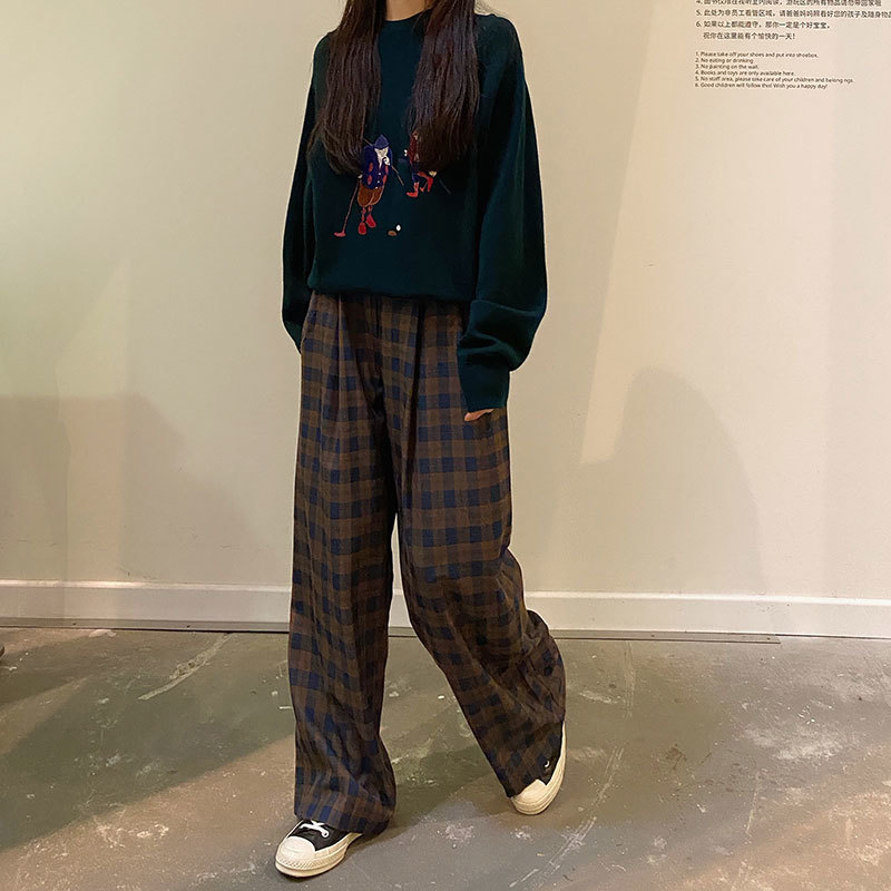 SML korean style plaid vintage straight trouser female autumn high waist long pants womens (X1615) 210423