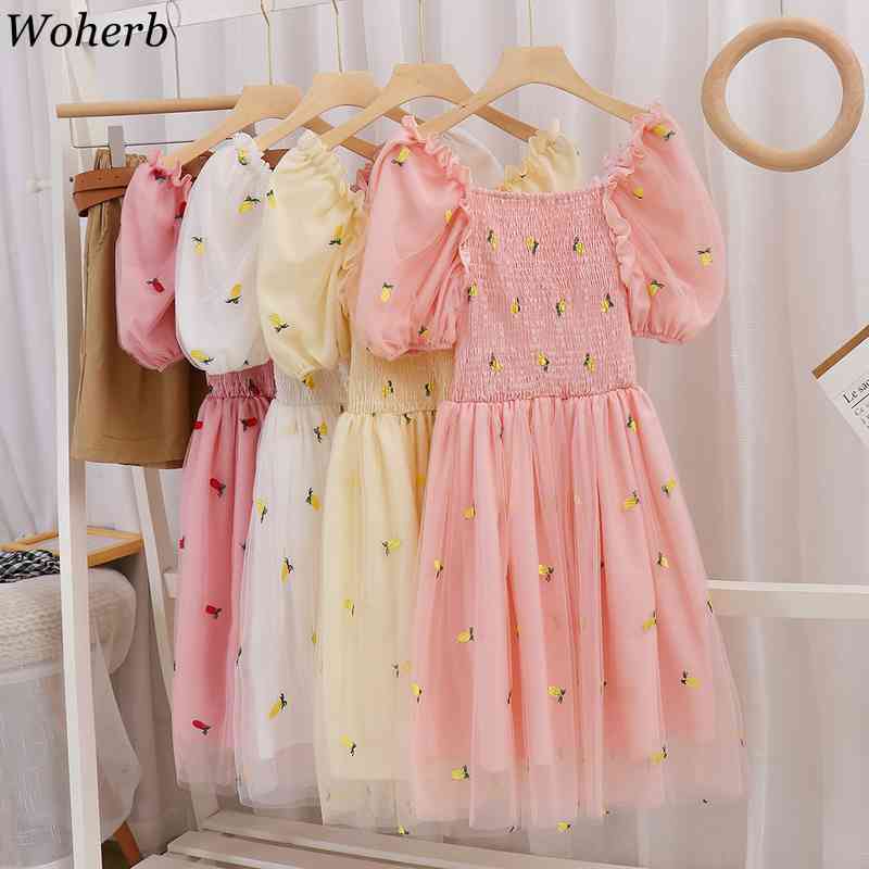 Sweet Mesh Dress Women Summer Kawaii Cute Embroidery Dresses Vintage Korean Short Sleeve Robe Midi Vestidos 210519