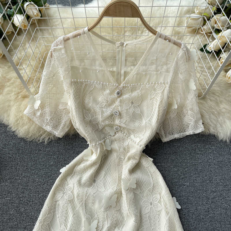 DEAT Women Lace Dress Butterfly Short Sleeve Arrivals Lady Temperament Fashion Spring Summer 11D577 210709