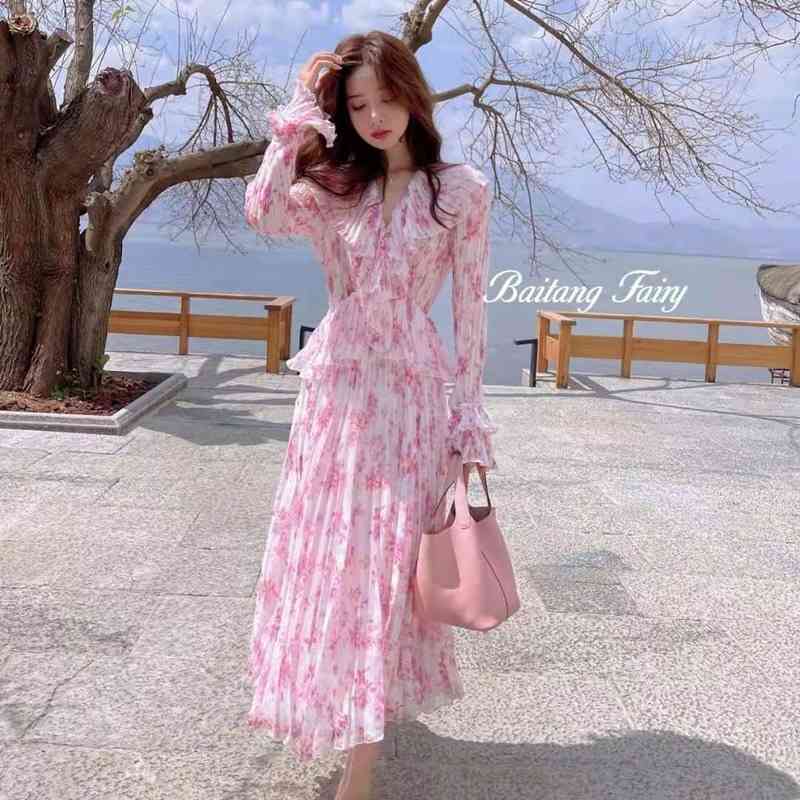 V-Neck Vingate Dress Women Long Sleeve Floral Midi Dress Beach Party Dress Korean Swweet Office Lady Summer 210521