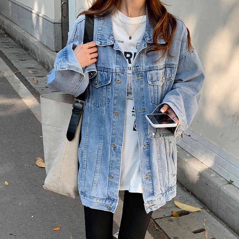2 colors Women's casual Jean Coats autumn Women loose Vintage Denim Jacket Long Sleeve Loose Girls Outwear coats (78606) 210423