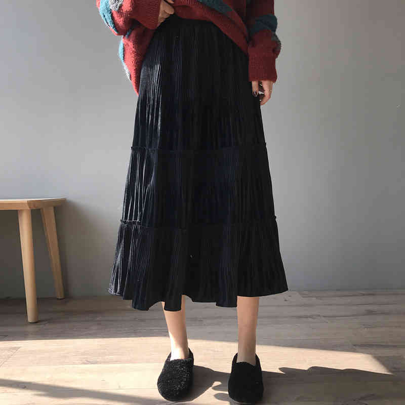 High Waist Skirt Pleated Gold Velvet Autumn Winter Women Bottoms Fashion Elegant Solid A-line Long Skirts 210421