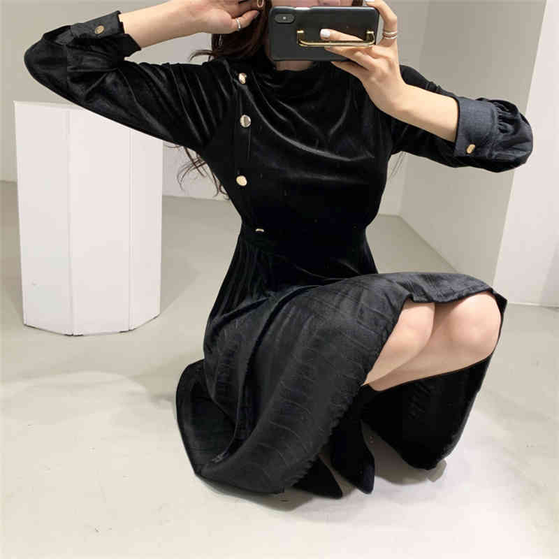 Retro Palace Style Velvet Office Lady Sexy Slim Elegant OL Work Wear Fashion Chic High Waist Women Long Dresses 210421