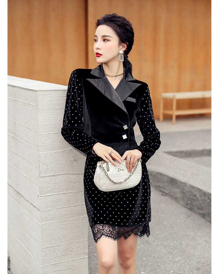 Fashion Women Two Piece Set Dot Velvet Long Sleeve Black Jacket + High Waist Lace Patchwork Mini Skirt Suit 210519