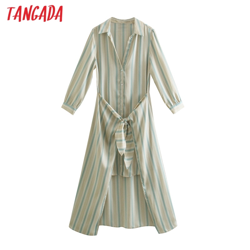 Fashion Women Striped Print Shirt with Bow Long Sleeve High Street Ladies Midi Dress 5Z84 210416
