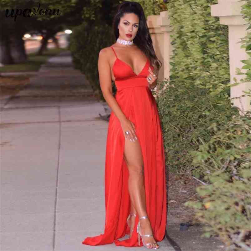 Free Women Red Long Dress Sexy V-neck Spaghetti Strap Sleeveless Split A-line Club Runway Vestidos 210524