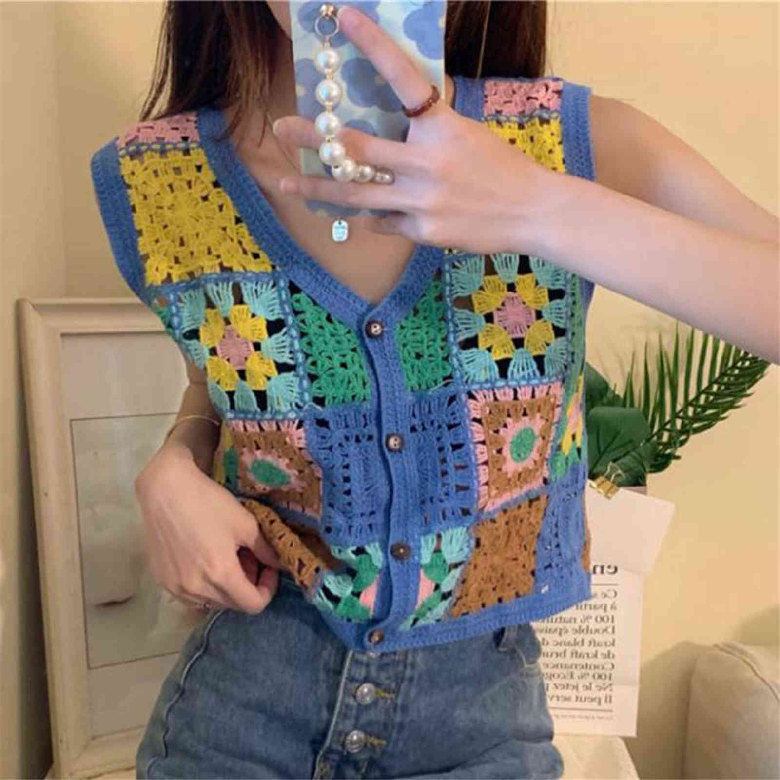 Bohemian Floral Embroidery Crochet Vest Women Sleeveless Waistcoat Summer Knit Vests Crop Top Vintage Chaleco Mujer 211120