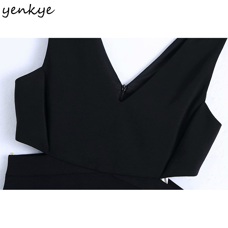 YENKYE Sexy Side Opening Waist Dress Women V Neck Sleeveless A-line Mini Vintage Black Dress Female Summer Tank Vestido 210515