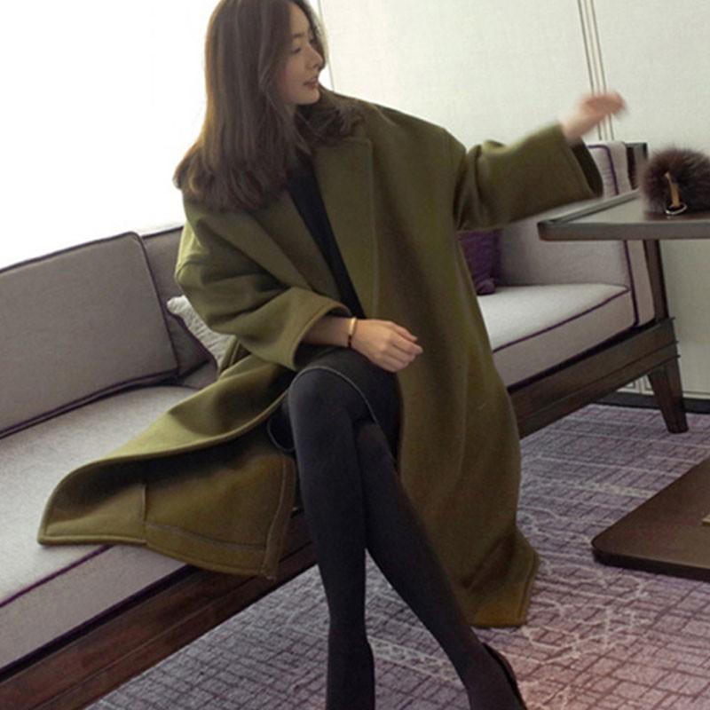 Women's Wool & Blends Autumn Winter Solid Color Plus Size Long Coat Pockets Decoration Green Lapel Sleeve Women Thick