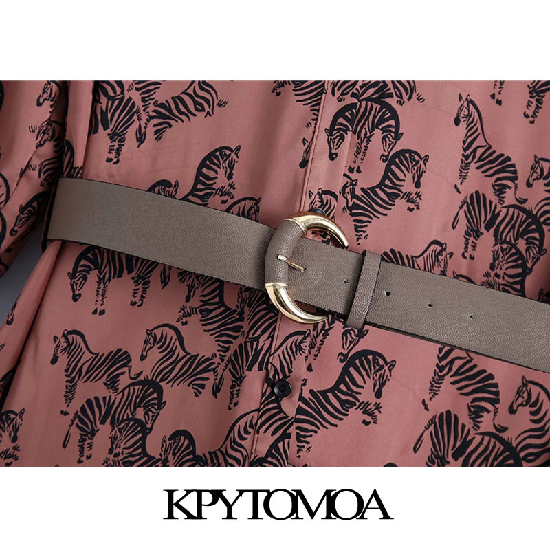 Women Chic Fashion With Belt Animal Print Cozy Midi Dress V Neck Button-up Female Dresses Vestidos Mujer 210420