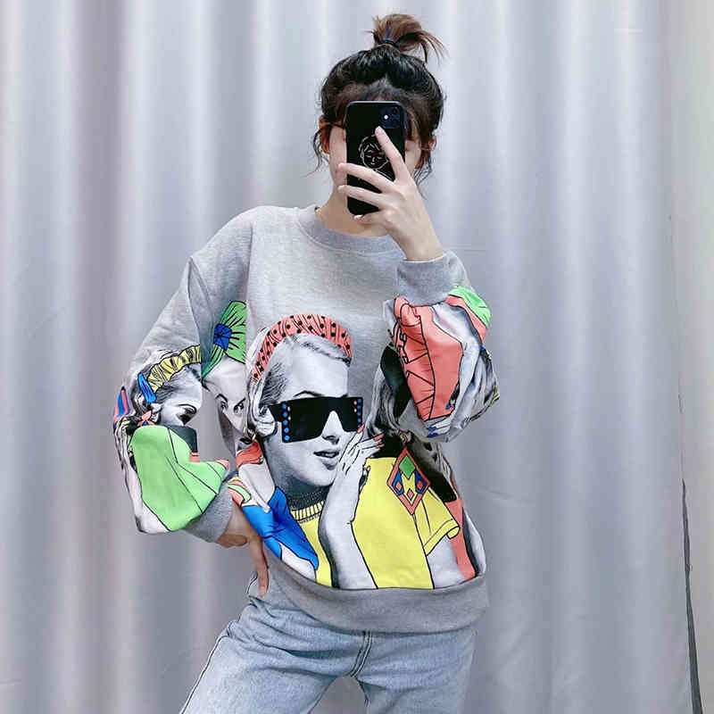 Fashion Character Print Sweatshirt Women Loose O Neck Casual Pullover Female Long Sleeve Hoodies Ladies Sweatshirts Gray Top 210515
