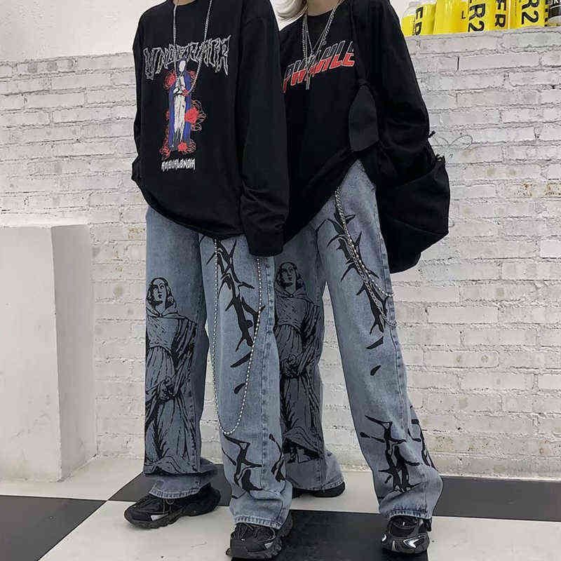 Aolamegs Jeans Men Casual Print Baggy Homme Korean Retro Wide Leg Anime Denim Pant Harajuku Hip Hop Trousers 211111