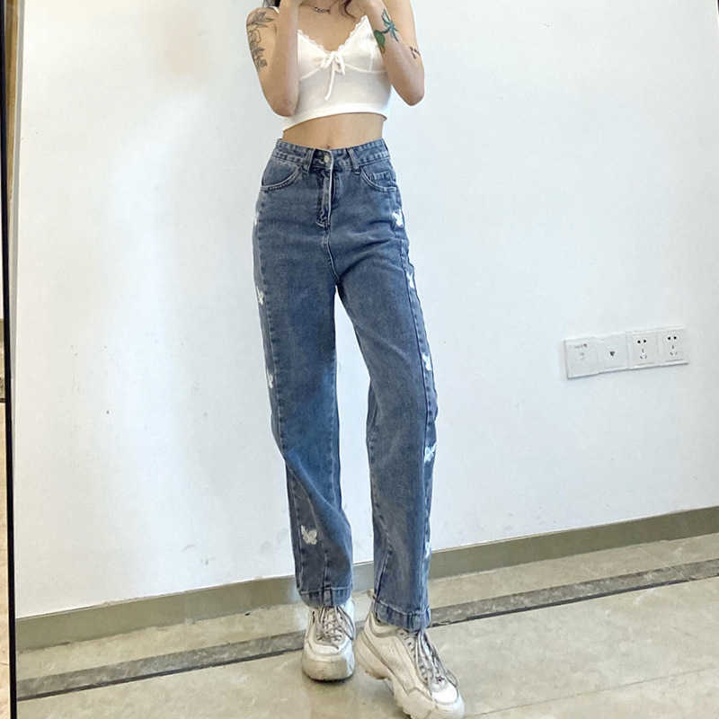 Summer Vintage Jeans Casual Woman Long Trousers Cowboy Female Loose Streetwear Butterfly Pants trousers 210524