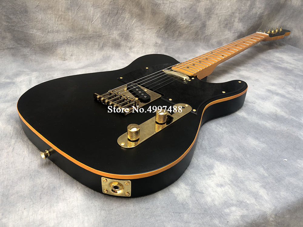 

Custom Shop Matte Satin Black Tele Electric Guitar Yellow Binding, Tremolo Bridge, Maple Fingerboard, Dot Inlay, Gold Hardware