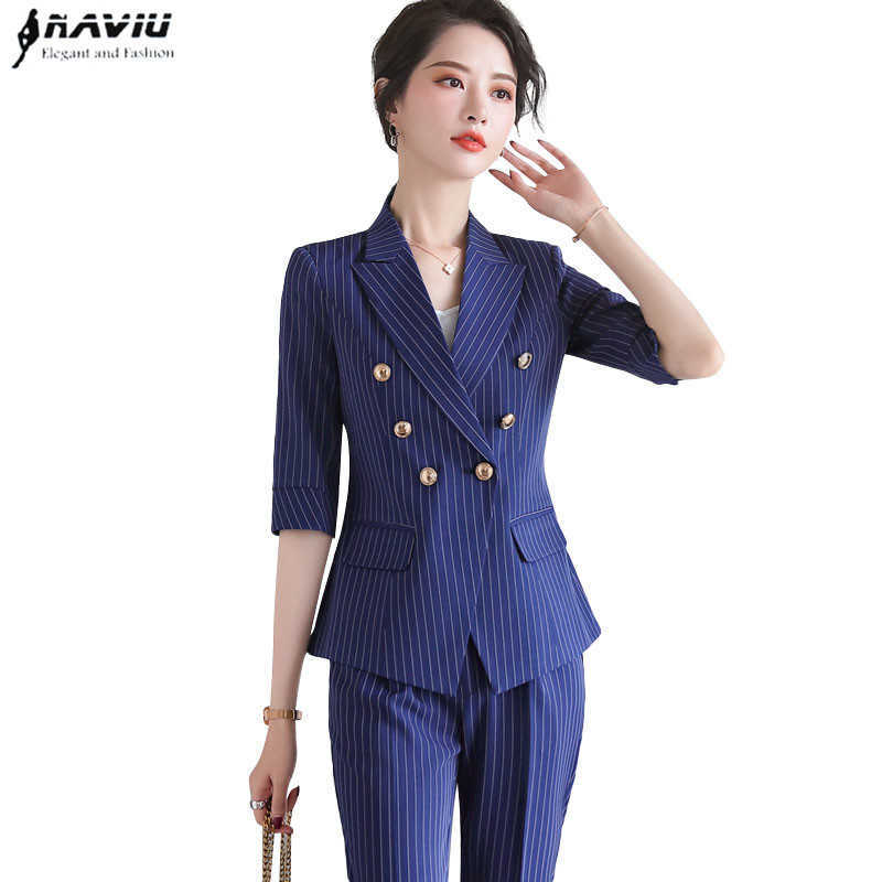 Fashion Women Stripe Pants Suit Professional Half Sleeve Blazer and Trousers Office Ladies Business Work Wear 210604, Blue coat and pants
Fashion Women Stripe Pants Suit Professional Half Sleeve Blazer and Trousers Office Ladies Business Work Wear 210604, Blue coat and pants