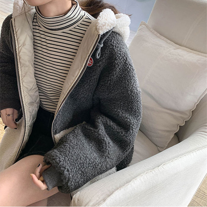 2colors korean style Women Winter Hoodie Coats Warm Zipper Jacket Casual Clothing lamb fur thick warm Coat womens (X1215) 210423