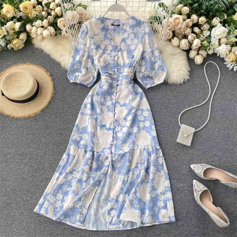 FMFSSOM Summer Spring Floral Printed V-neck Single Breasted Puff Sleeve Women Female A-line High Waist Midi Dress 210329