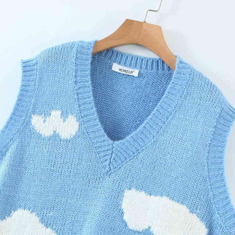 Casual Woman Loose Sky Embroidery Knitted Vest Spring Fashion Ladies V Neck Sleeveless Sweater Girls Cute Knitwear 210515