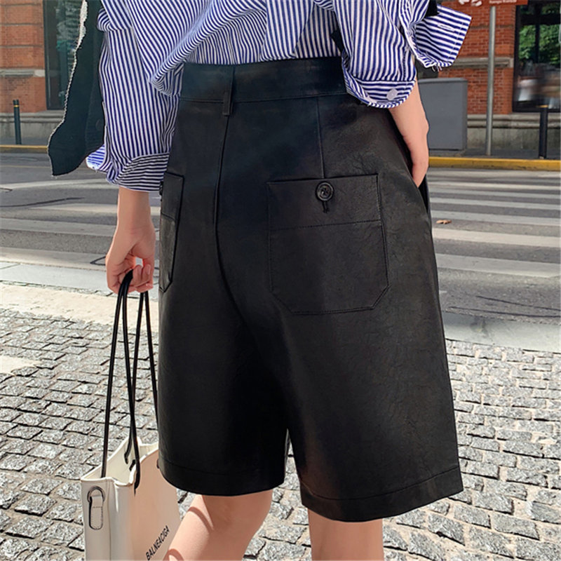 Simple High Waist Slender Fashion PU Leather Streetwear Chic Women All-Match Loose Casual Wide Leg Shorts 210421