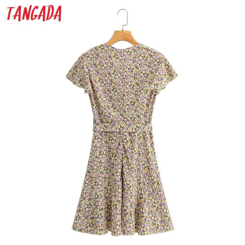 Women Flowers Print Summer Ruffles Slash V Neck Short Sleeve Ladies Mini Dress 1F89 210416