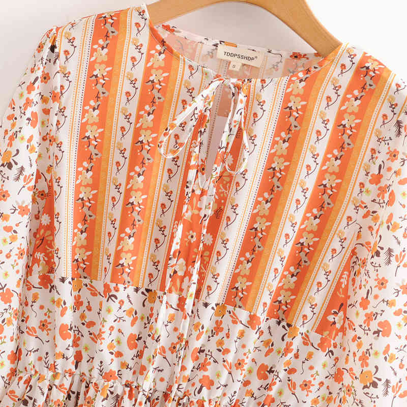 beauty Fashion Boho Floral Print Midi Dress Women Holiday Style Bow Tie O-neck Loose Dresses Female Beachwear 210514