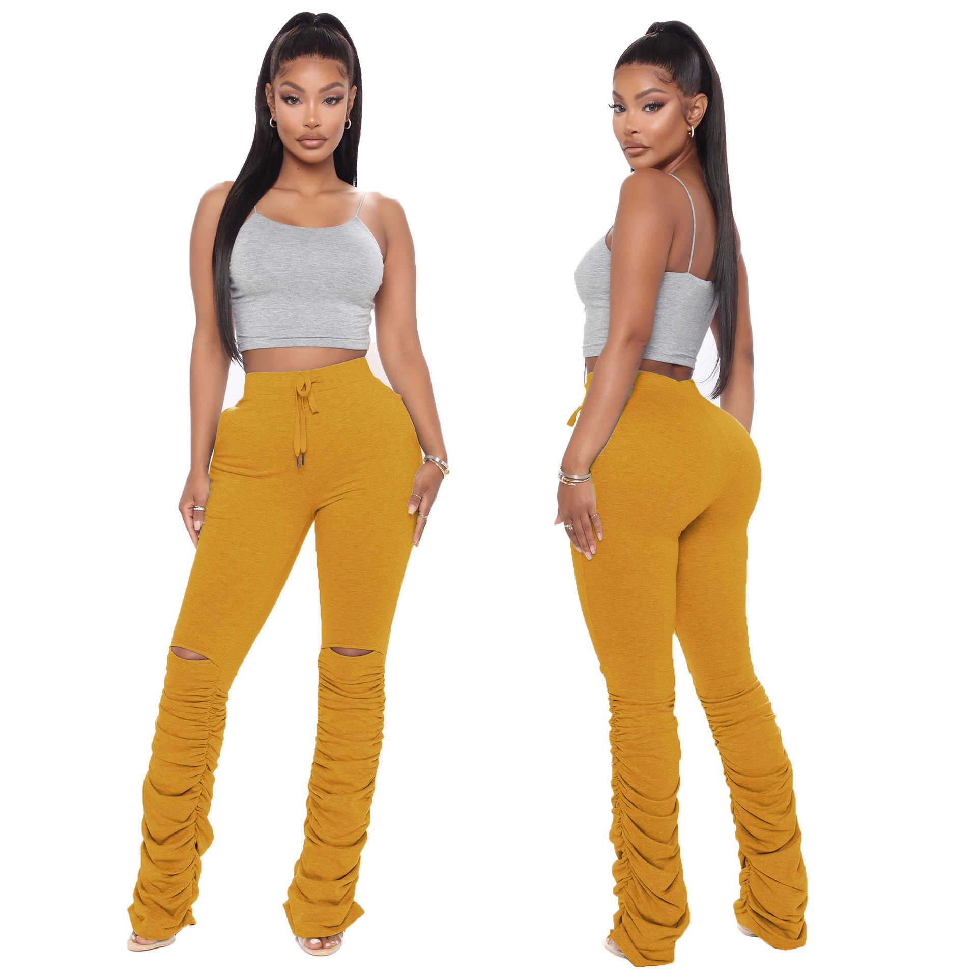 Autumn High Waist Drawstring Sweatpants Womens Stacked Pants Winter Clothes Woman Hole Skinny Casual Plus Size Trouses Mujer 210604