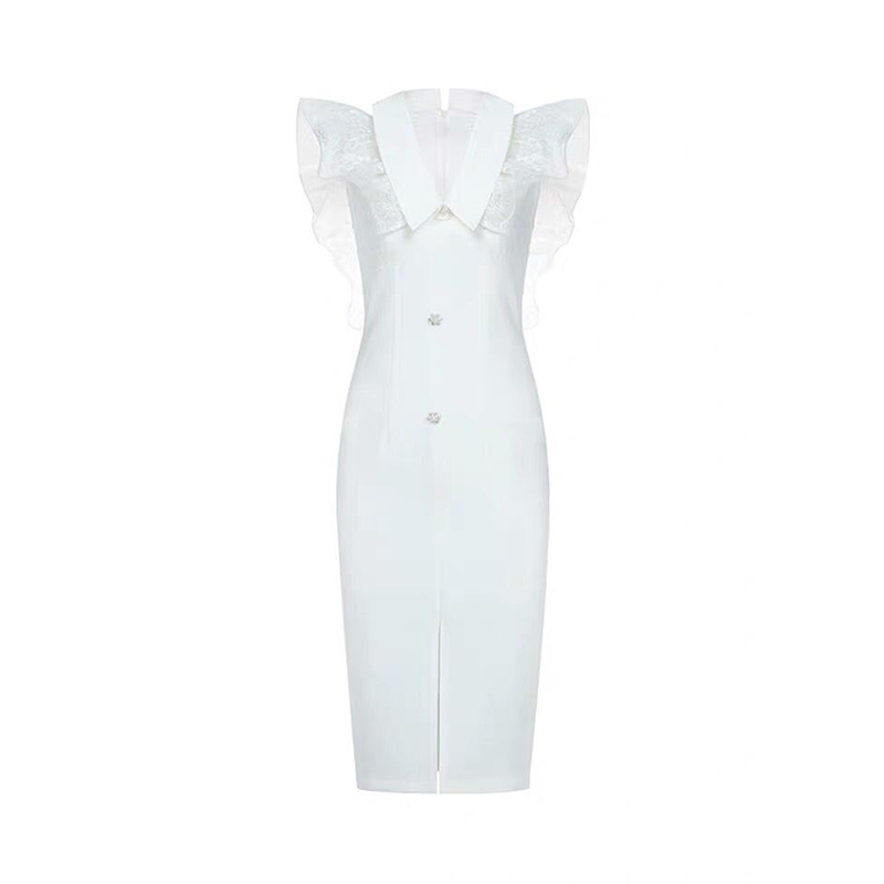 High Quality Fashion Women Office Dress V-neck Ruffles Sleeve Front Slit Party Outwear Sexy Solid White 210506