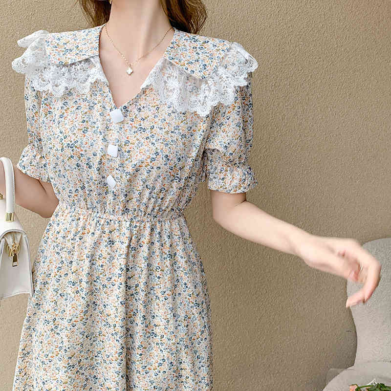 Vintage V Neck Floral Dress Women Elegant Chiffon Midi Peter Pan Collar Short Puff Sleeve Casual Summer 210515