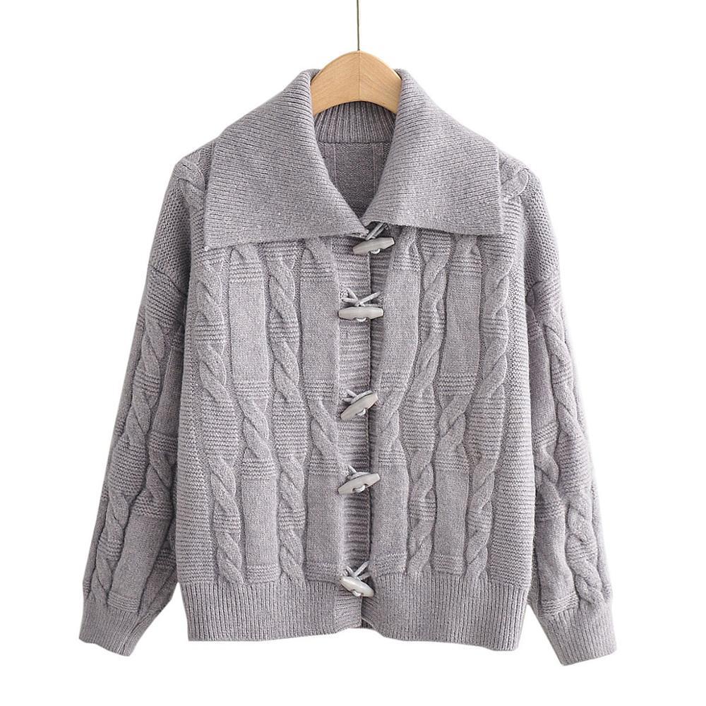 3 Colors Autumn 90s Vintage Lapel Twist Knitting Horn buttons Cardigan Women Single-breasted Sweater Long sleeve Short Jumper 210429