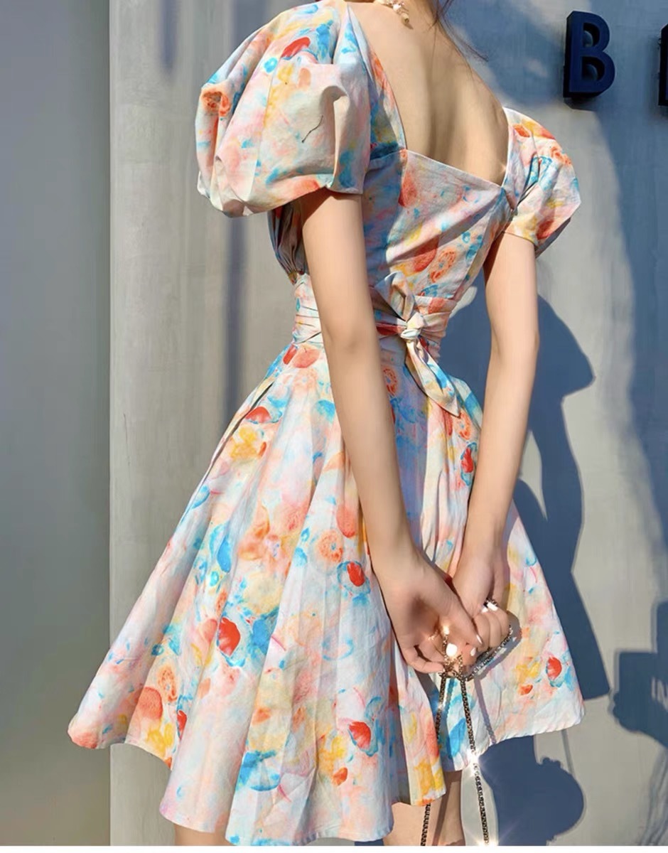 fashion young girl printed mini dress high waist puff sleeve vintage Victorian style French dresses retro sweet 210421