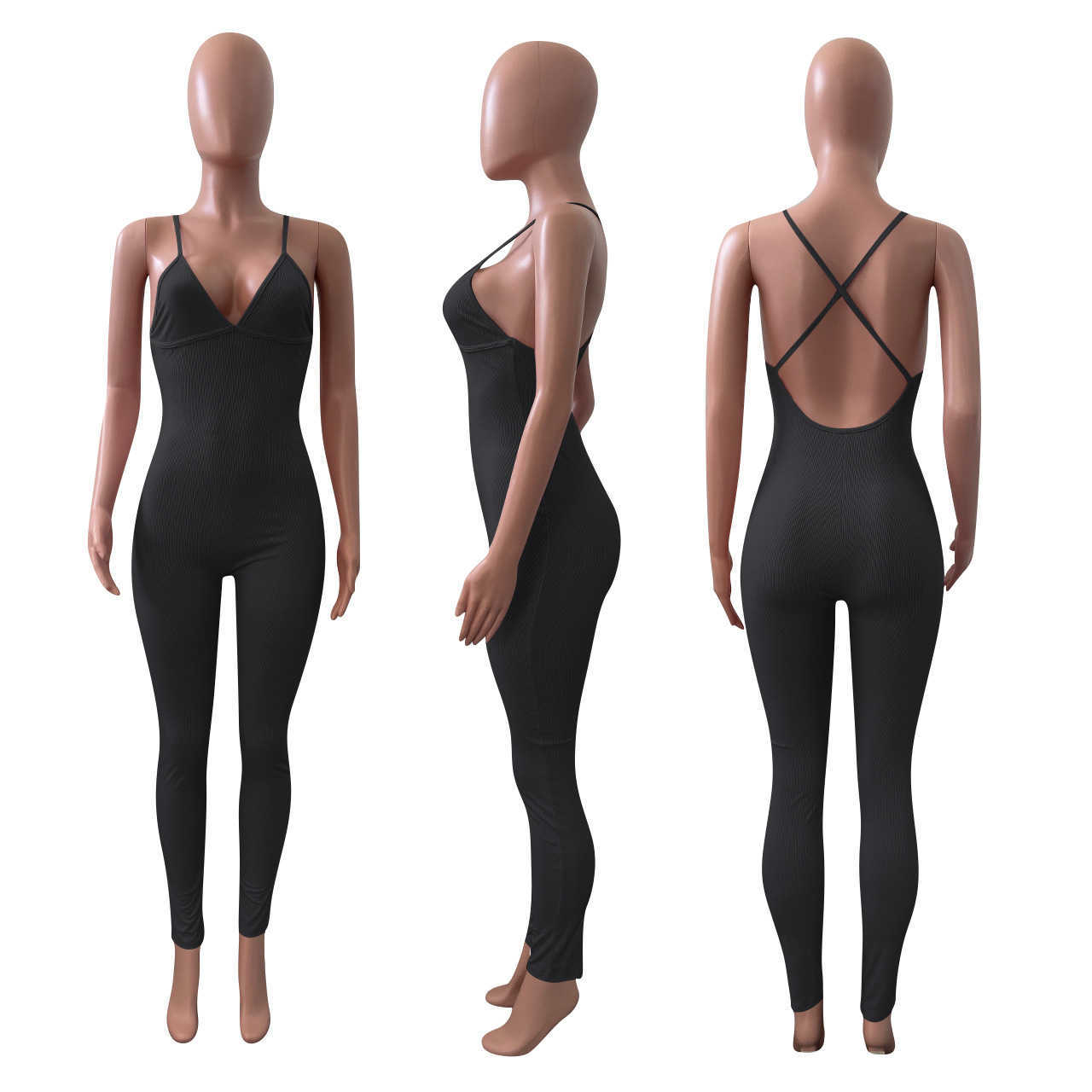 Women Designers Clothes 2023 women's spring and summer new rib suspender backless Jumpsuit v-neck blue