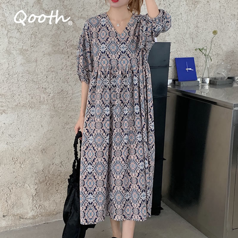 Qooth Summer Autumn Loose Dress Bohimian Vintage Printed Casual Women Dresses Half Sleeveless Calf Length Dress QT082 210518, Blue
Qooth Summer Autumn Loose Dress Bohimian Vintage Printed Casual Women Dresses Half Sleeveless Calf Length Dress QT082 210518, Blue