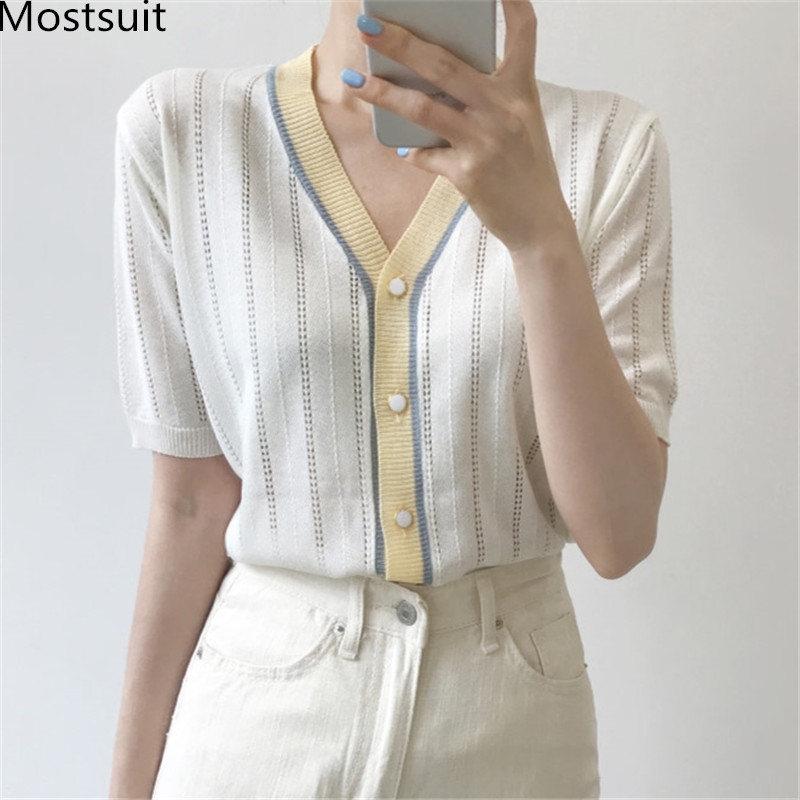 Summer Korean Knitted Hollow Cardigans Sweaters Women Ice Silk Short Sleeve V-neck Tops Color-blocked Fashion Casual 210514