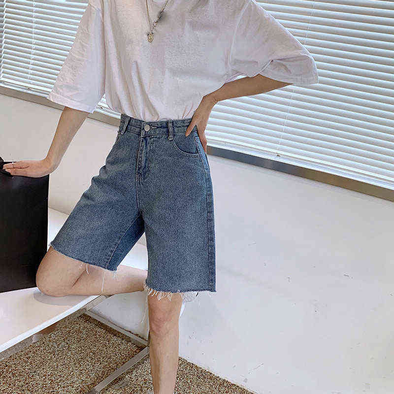 High Waist Slim Denim Shorts Bermuda Plus Size Woman Fashion Tassel Tight Five-point Denim Shorts Washed Sexy Female Summer 210611