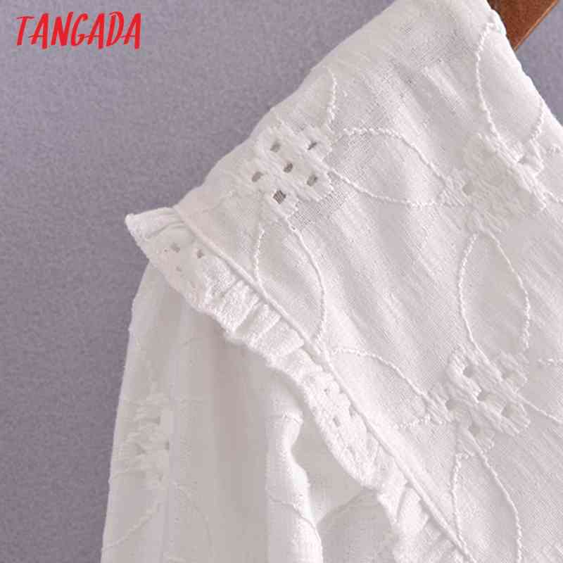 Women White Cotton Embroidery Romantic Dress Puff Short Sleeve Backless Females Midi Dresses Vestidos 3H271 210416