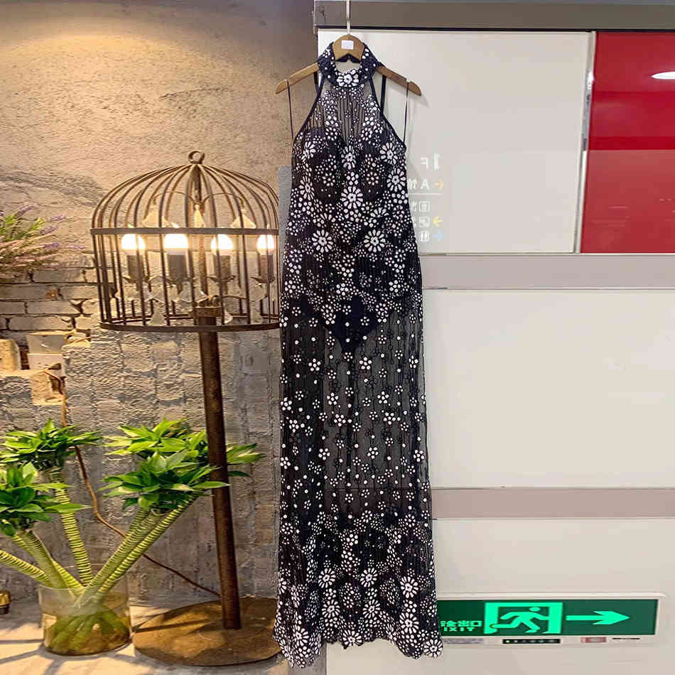 Free Fashion Flower Sequin Long Dresses Sexy Halter Sleeveless Bodycon Dress Club Night Party Vestidos 210524