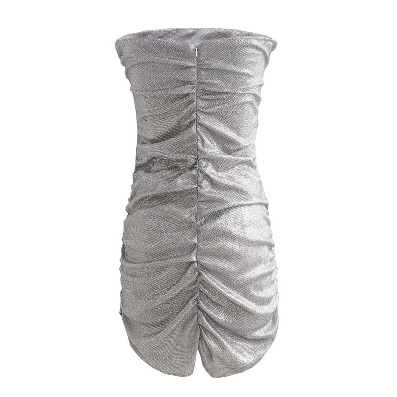 Sexy Women Silvery Reflect Light Mini Dress Fashion Ladies Draped Ruffles Vestidos Sweet Female Chic Slim Dresses 210430