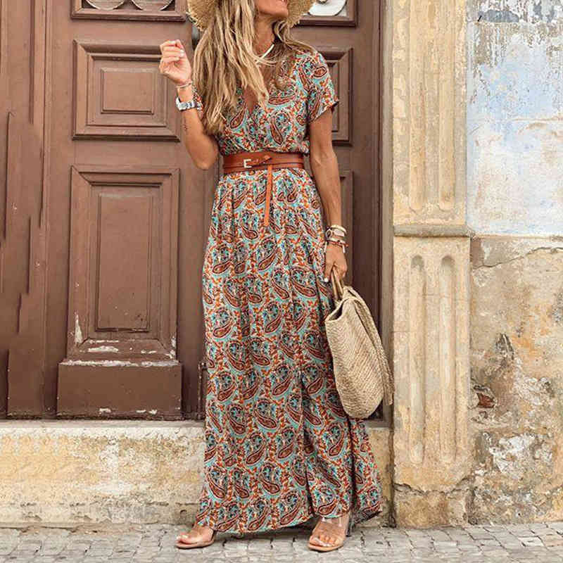 Women Dress V-Neck Plus Size Print Dresses Vintage Sexy Long Bohemian Summer Clothes Fashion 210524