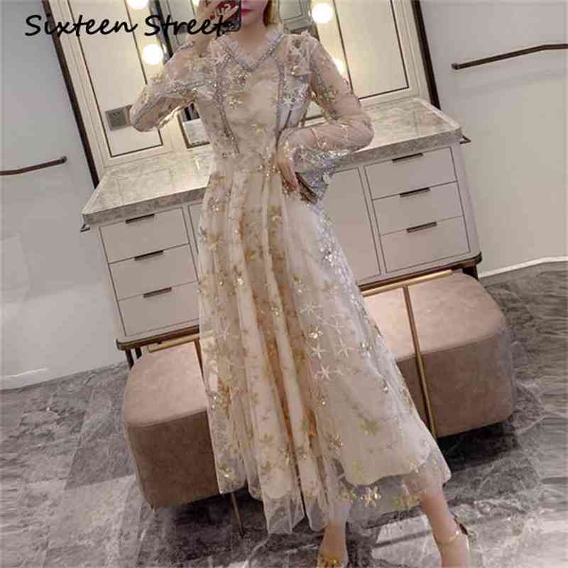 Star sequins embroidery dress Woman V-neck full sleeve bing mesh elegant party long vestido female autumn 210603, Apricot
Star sequins embroidery dress Woman V-neck full sleeve bing mesh elegant party long vestido female autumn 210603, Apricot