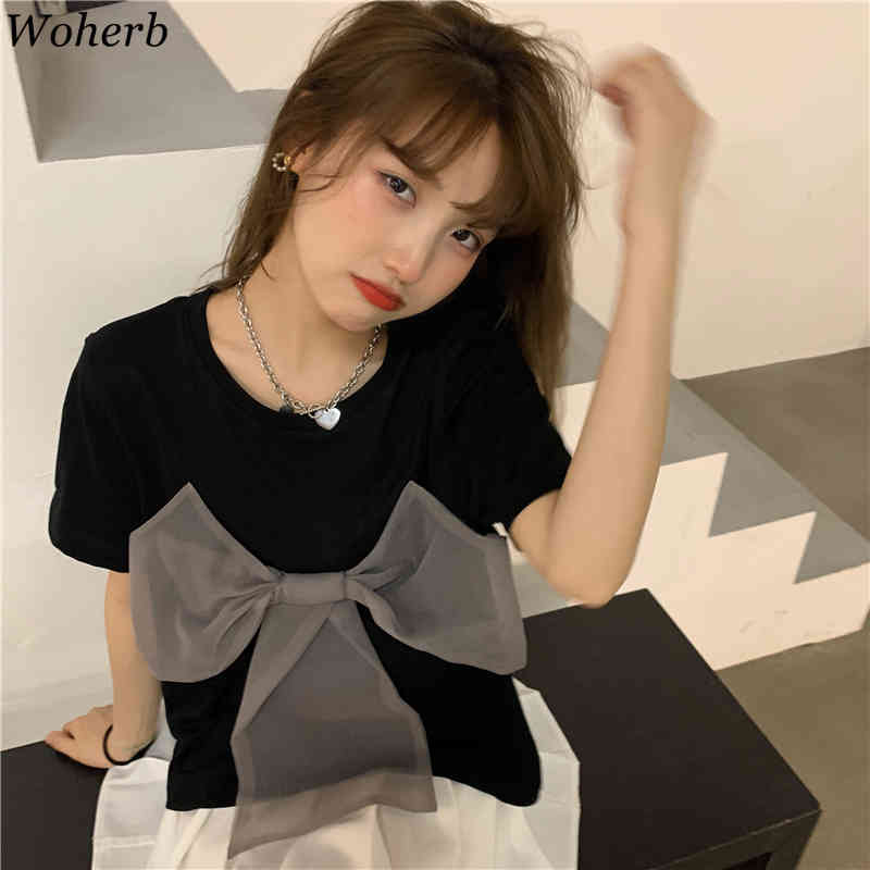Big Bow Patchwork Women T Shirts Summer Korean Loose Fashion Tees Shirt Streetwear O Neck Short Sleeve Simple Tops 210519