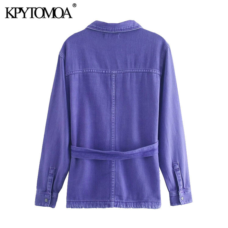 Women Fashion With Belt Loose Frayed Trim Denim Jacket Coat Long Sleeve Pockets Female Outerwear Chic Tops 210420