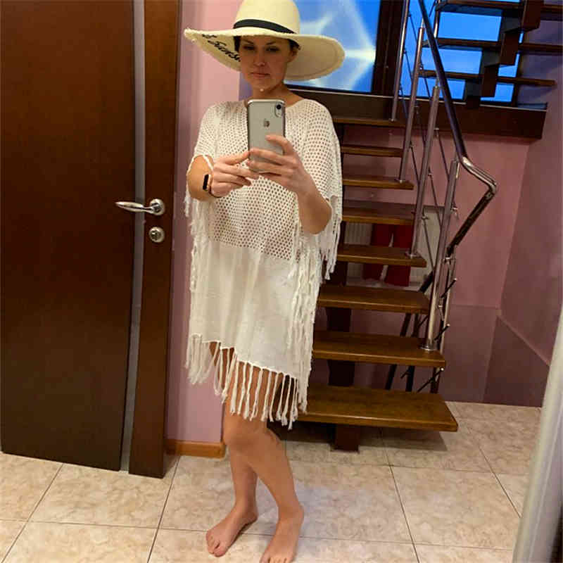Fringed Summer Women Beach Wear Swim Suit Cover Up Bath Dress Sexy White Crochet Tunic Bikini Wrap Cover-ups Sarongs #Q483 210420